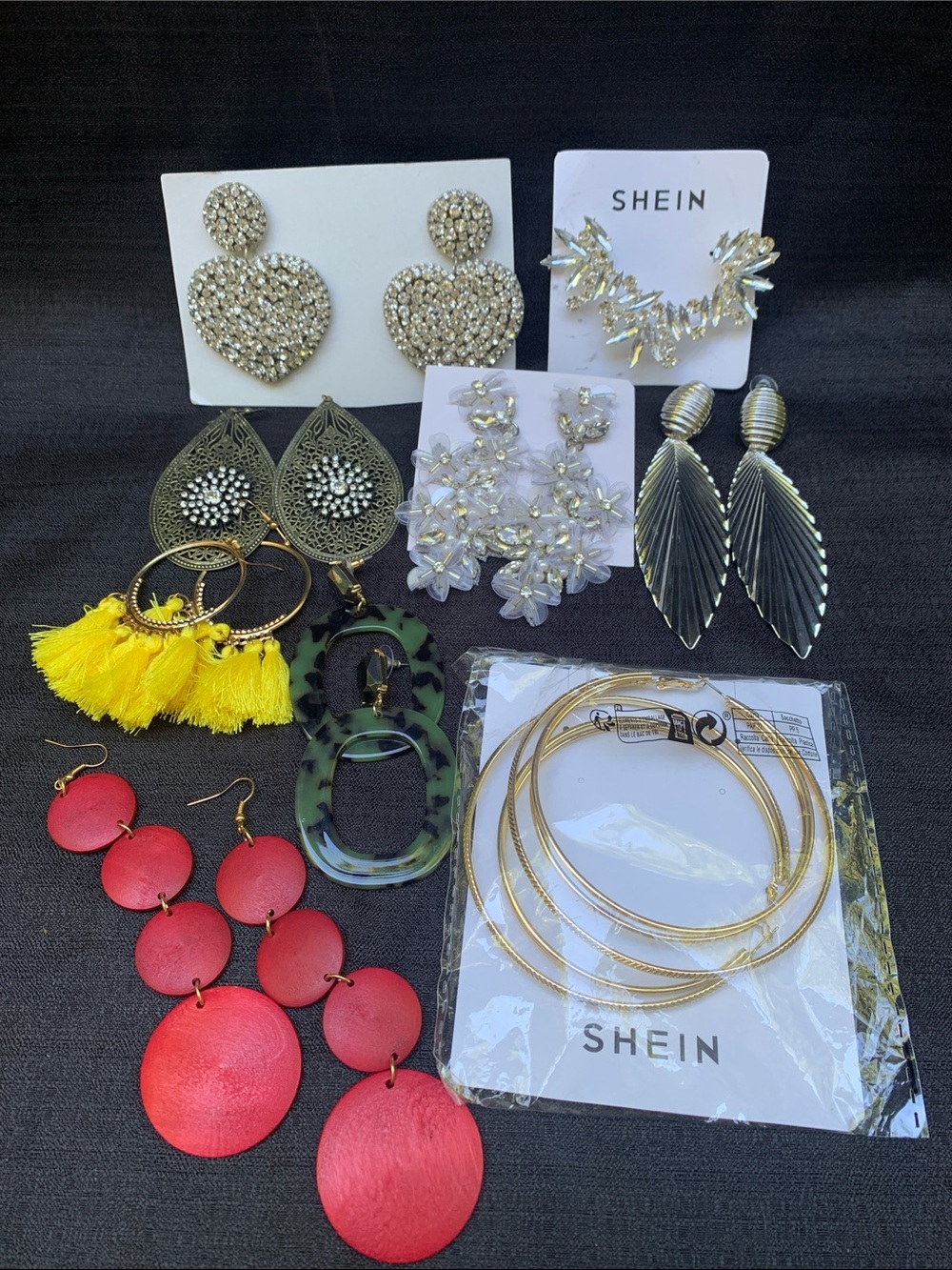 Summer STATEMENT Earrings LOT  Nine pairs of BOLD looks  Gold Silver Wood & cuff